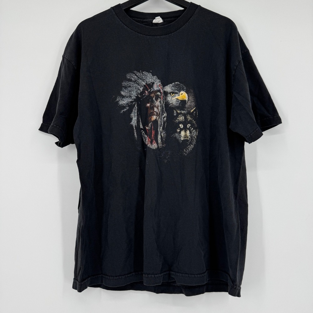 Vintage Alstyle Native American Eagle Wolf Graphic T-Shirt Black XL